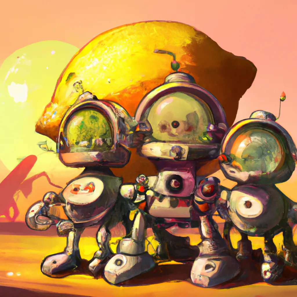 Prompt: the cute lemon Familly character big robots, steampunk style, artstation, golden hours, HQ, 4K, center, reference pose, Lisa Frank