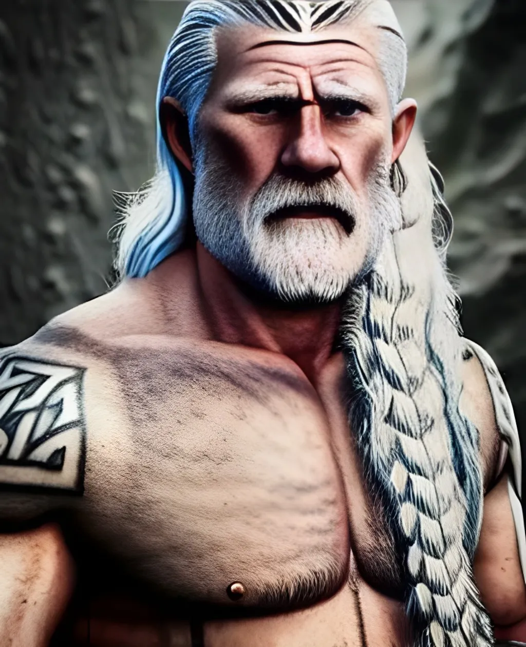 Prompt: photo of an extremely ruggedly handsome Viking man, muscular, no armor, runic tattoos, wielding a big Viking axe, ashen white hair, no beard, piercing beautiful blue eyes, realistic, very high details, ultra-realistic, photorealistic, realism, intricate details, highly detailed, 64k, dramatic lighting, sharp focus, maximum texture, octane render, hdr, ray tracing, studio light, hyperrealistic, very detailed, full body shot