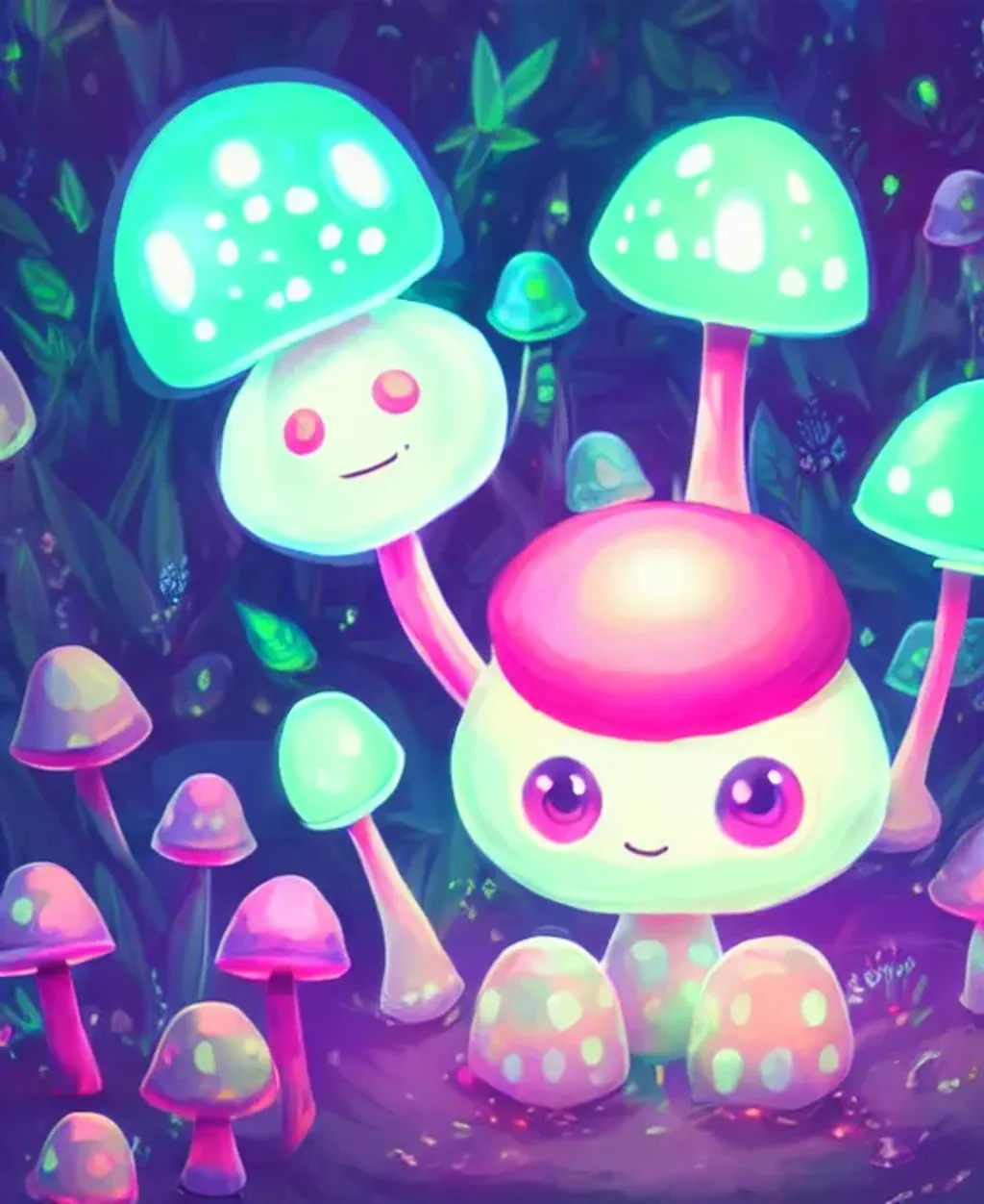 Prompt: a cute kawaii anthropomorphic bio-luminescent mushroom creature, large adorable anime eyes, concept character art, bokeh effect, magical lighting, weed, lsd, beautiful glowing lights, sci - fi, stunning, intricate, elegant. highly detailed, digital painting, 32k poster art, artstation. smooth. sharp focus. illustration, award winning art by pixar, artgerm and greg rutkowski and alphonse mucha 