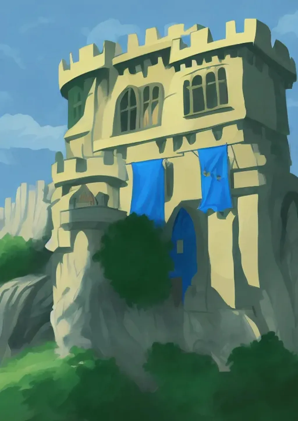 Prompt: a painting of a castle , Artstation, vinesauce, wip, (webcomic), long blue cape, heraldry
