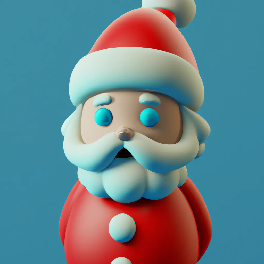 Prompt: 3D render of a cute rounded Santa claus in a clay style, red nose, frontal view, blue background, substance 3d painter, blender, smooth texture, warm lighting, high resolution, trending on behance.net, by Nintendo