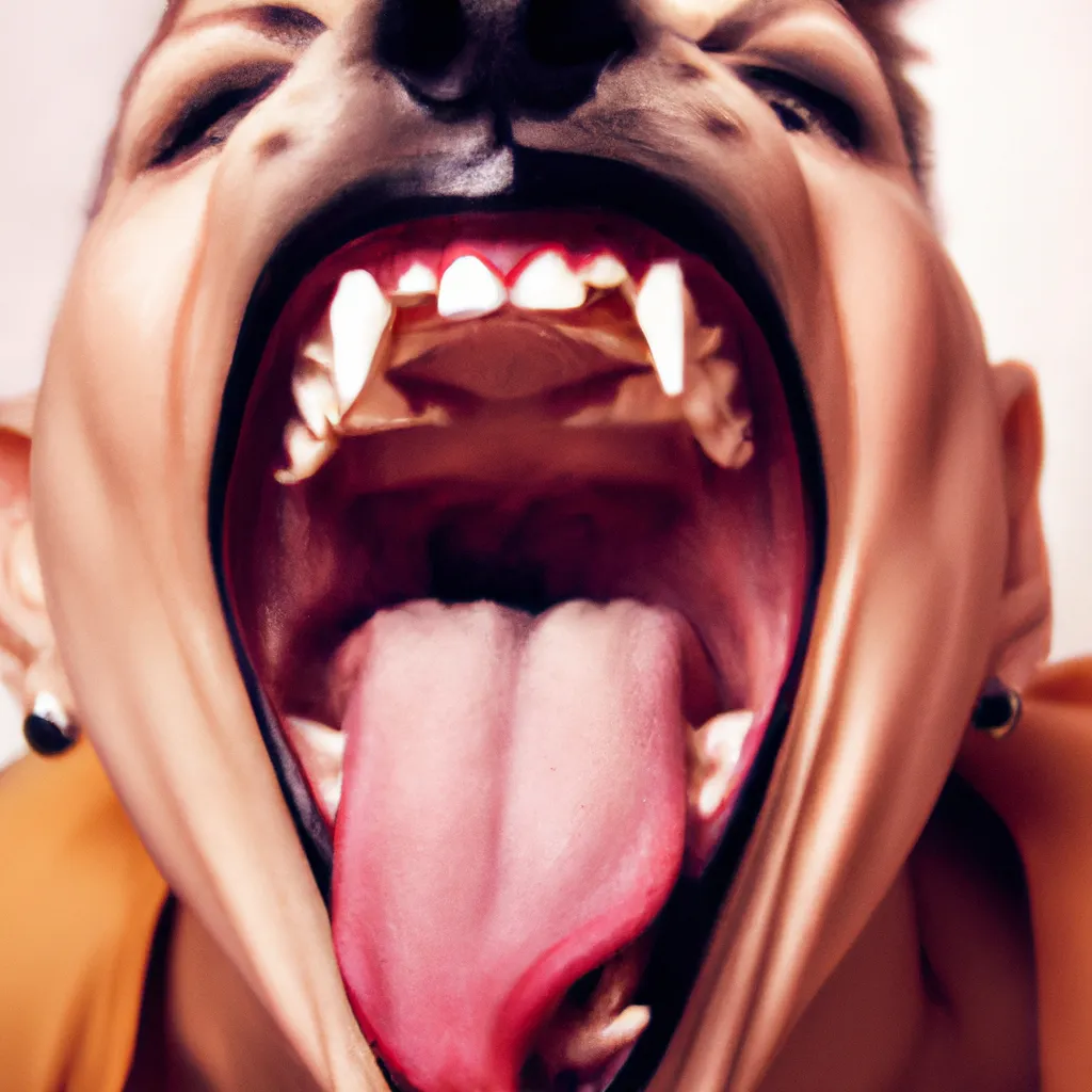 Prompt: Photo of a woman who has a dog muzzle. Tongue sticking out. Sharp teeth. Howling.