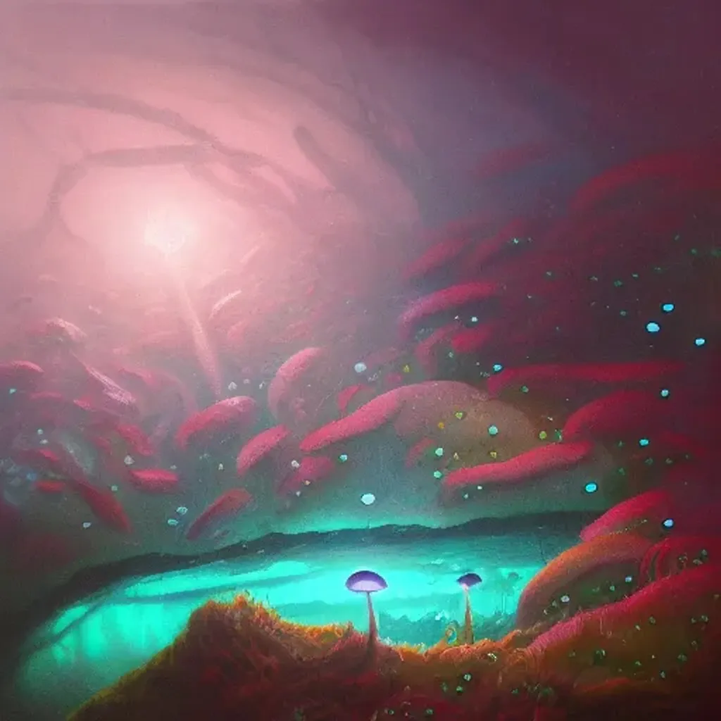 Prompt: Oil painting of a bioluminescent tiny cute fungi in an underwater fantasy landscape by Alejandro Bursido
