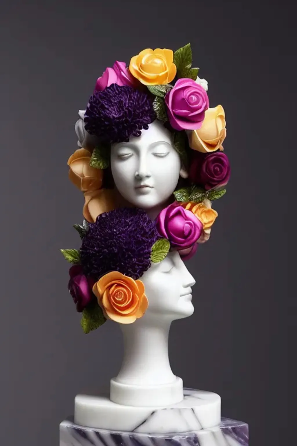 Prompt: a statue of a woman with roses on her head, a marble sculpture, by Okuda Gensō, trending on zbrush central, aestheticism, black and blue and purple scheme, shining crescent moon, featured on amiami, oil paint and spray paint, stylized neon, lgbtq, hi - fructose art magazine