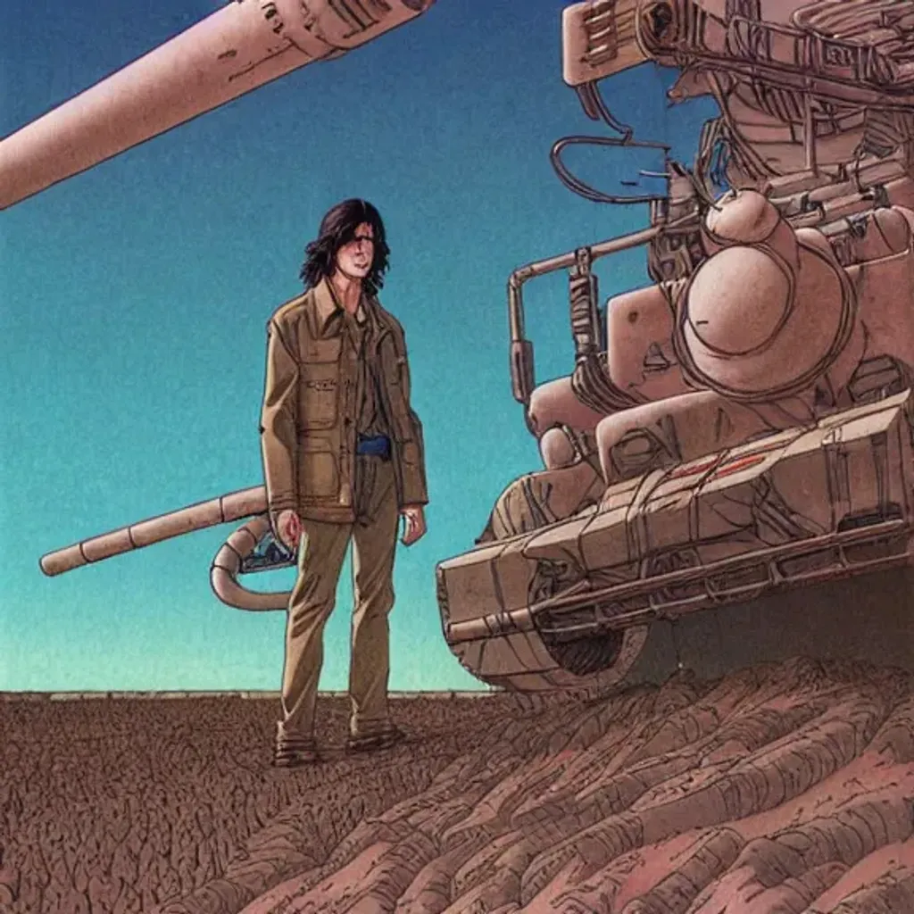 Prompt: Man with long dark brown hair wearing trenchcoat standing in alien dessert next to destroyed tank, by Makoto Kobayashi, by Moebius, by Jean Giraud, manga, anime style, 80's, Intricate, Hand drawn, concept art, grainy color, dim lighting, Anime Key Visual, beautiful composition