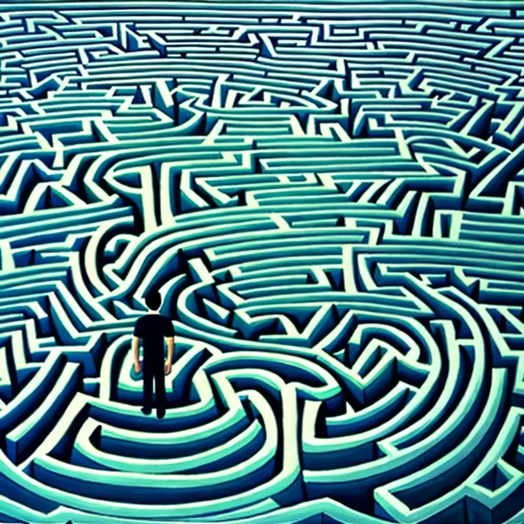 Prompt: a man standing in front of a giant maze,a great concept illustration of a man standing in front of a maze, an epic digital painting by Rob Gonsalves,magic realism art,epic maze!,beautiful digital art,artstation contest winning