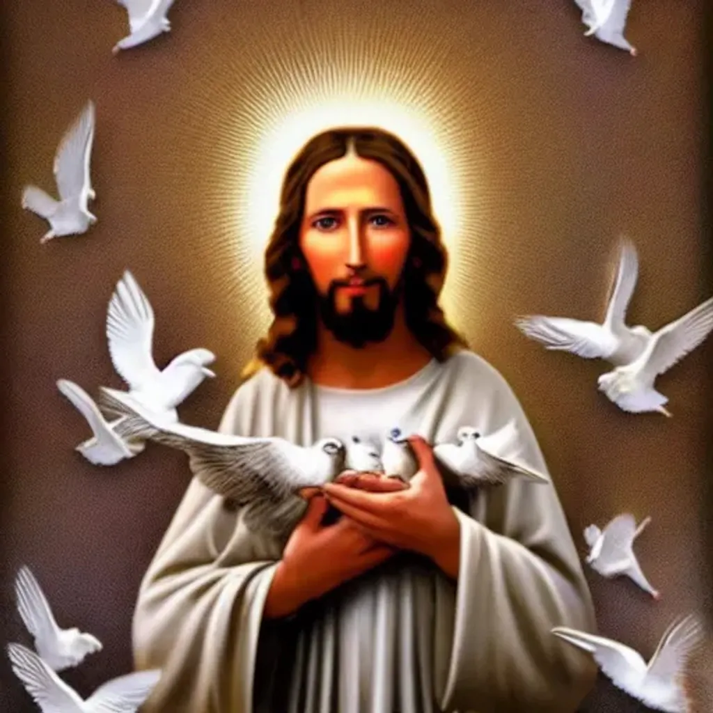 Prompt: Holy Picture of Jesus Christ loving with tiny doves in background. no hands. all love. love.