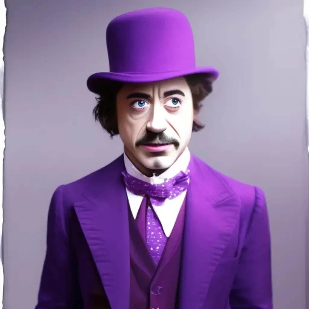 Prompt: Photograph of Robert Downey Jr wearing the purple suit and hat of Willy Wonka, highly detailed, photo realistic