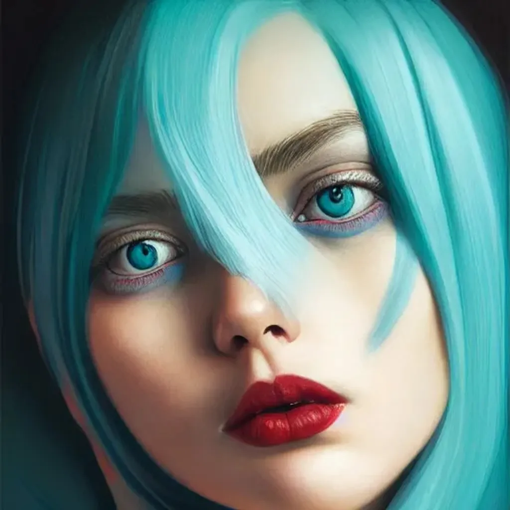 Prompt: portrait, beautiful woman with red colored eyes and teal hair, clothed, facial symmetry, perfect eyes, centered, dark gradient background, perfect composition, hyperrealistic, photorealism, super detailed, 32k, high quality, trending on artstation, sharp focus, studio lighting, intricate details, hyperdetailed photography by greg rutkowski, dino tomic