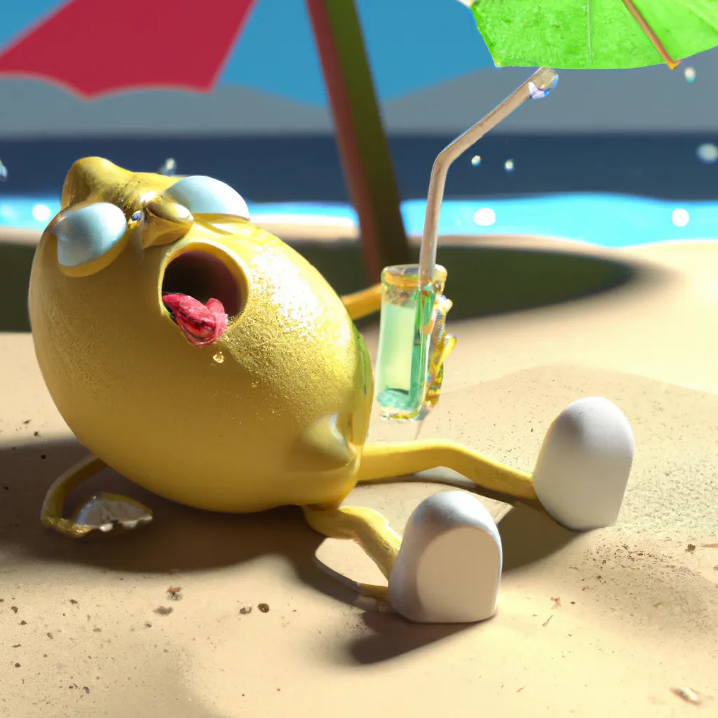 Prompt: a lemon character in shock, laying down in a beach, drinking lemonade drink with a plastic straw, realistic, unreal engine, 3D render