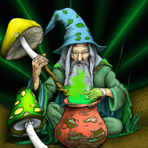 Prompt: realistic green wizard hitting a bong near mushrooms 
