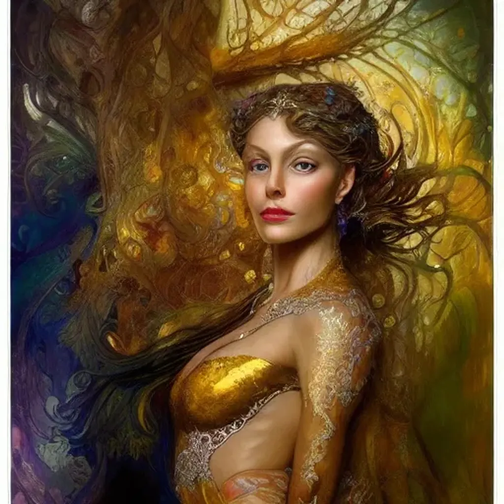 Prompt: portrait of a beautiful woman, standing character, unusual beauty, esoteric, outher worldly colours, fantasy art, ornamental, intricate, elegant, highly detailed hyperrealistic painting, artstation, concept art, painterly, golden ratio, sharp focus, illustration, arstation, art by karol bak, josephine wall and alfonso mucha, dungeon and dragons