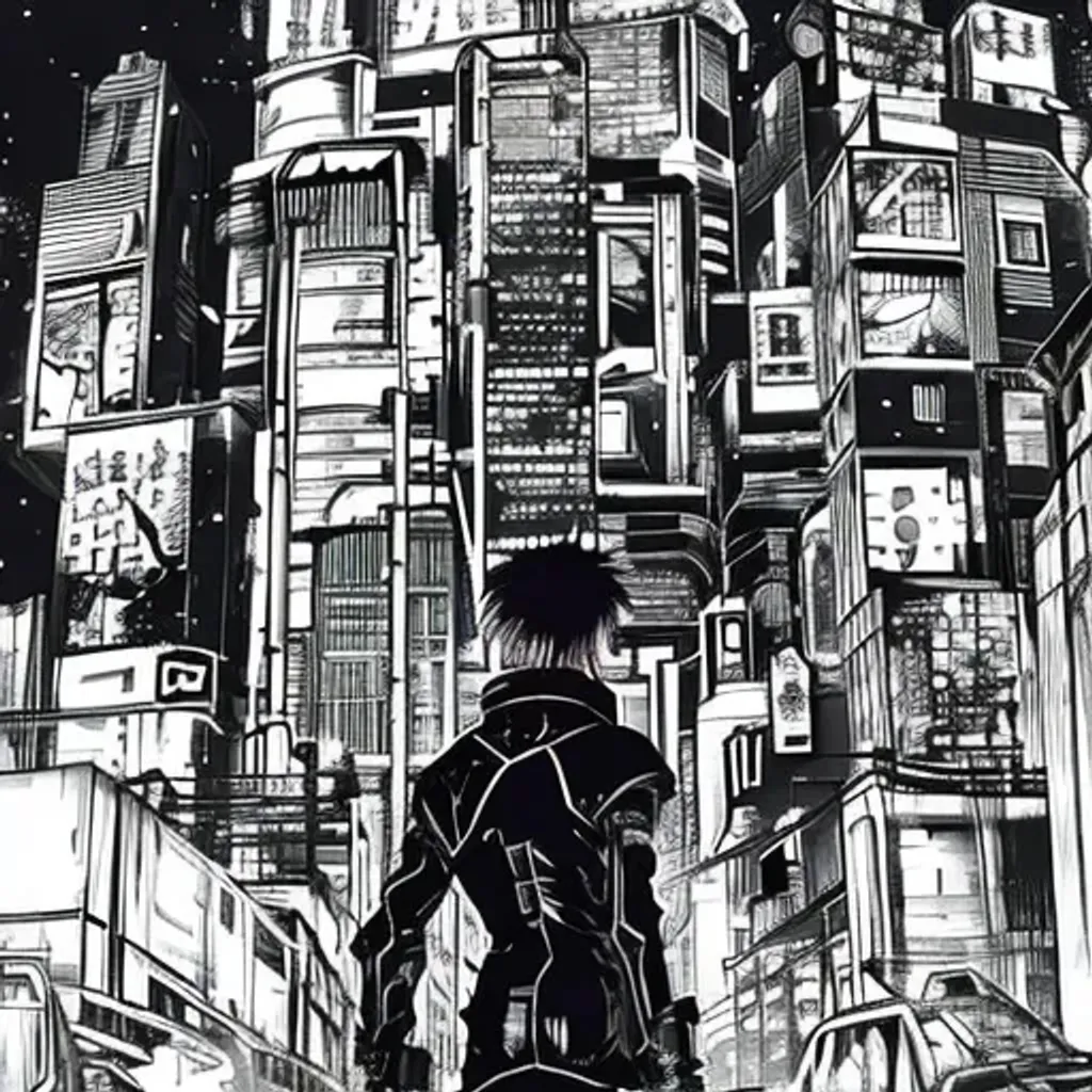 Prompt: dingy cyberpunk city tsutomu nihei style, manga style, 