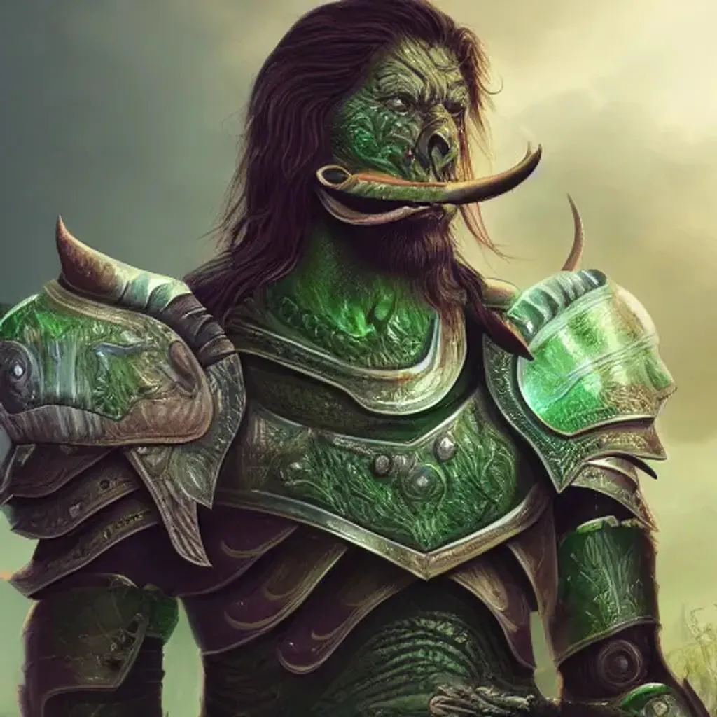 Prompt: man with green skin and tusks in metallic armor, fantasy, masterpiece, handsome, fantasy with vivid colors, dnd, 4k, ultra detail