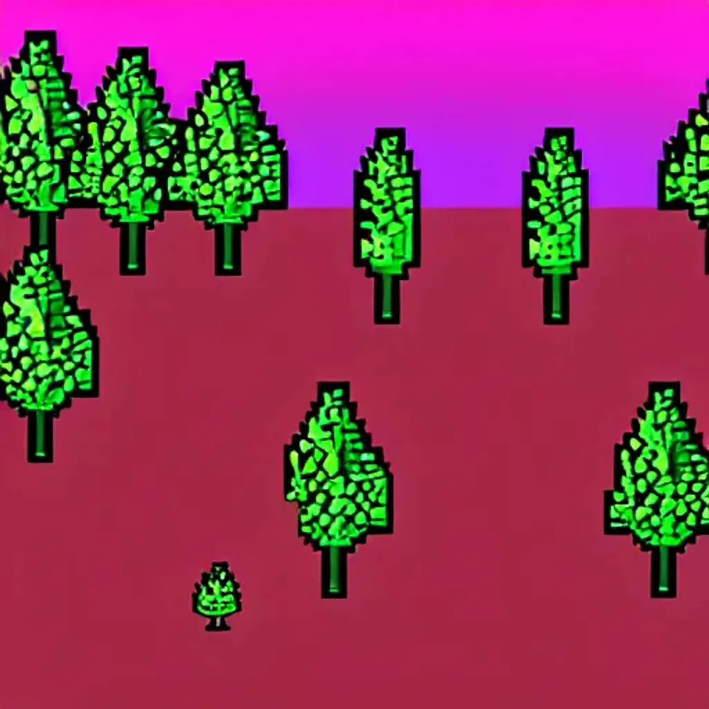 Prompt: a pixel style picture of a pink fantasy forest full of trees, centered, pixel art, polycount contest winner, cute, symmetrical portrait, compute shader, very clean art