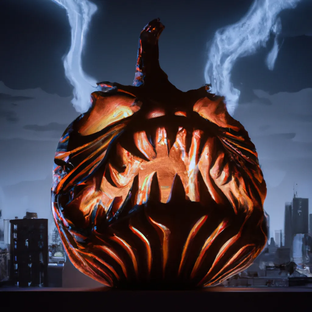 Prompt: hyper realistic, giant scary carved pumpkin Illuminati monster breathing flames, city night buildings, lightning, movie poster, cinematic,