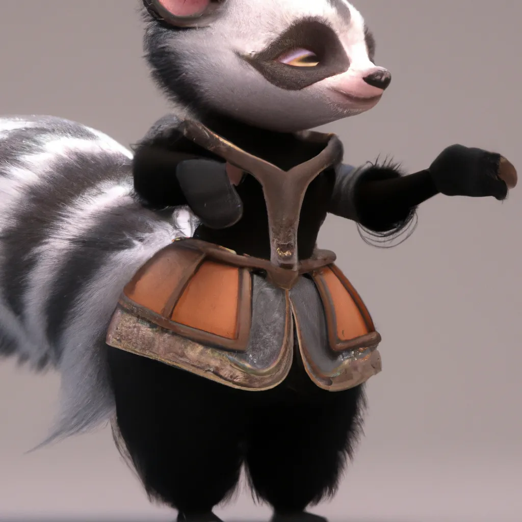 Prompt: High quality, Pixar style, tiny cute and adorable fluffy skunk  dressed in fantasy clothes, fantasy outfit, fantasy dress, small, adorable!, skunk, anthropomorphic ,dnd, adventurer, dramatic lighting, 8k, portrait, cartoon, fine details, 3d render, cinematic ,intricate details, cinematic lighting, character design, character concept, cute, mascot,  adventure, dungeons and dragons, 8k, fluffy!, tsaoshin, pixar movie key visual, fantasy, DnD, adorable!, big eyes, animated, disney, anime, animation