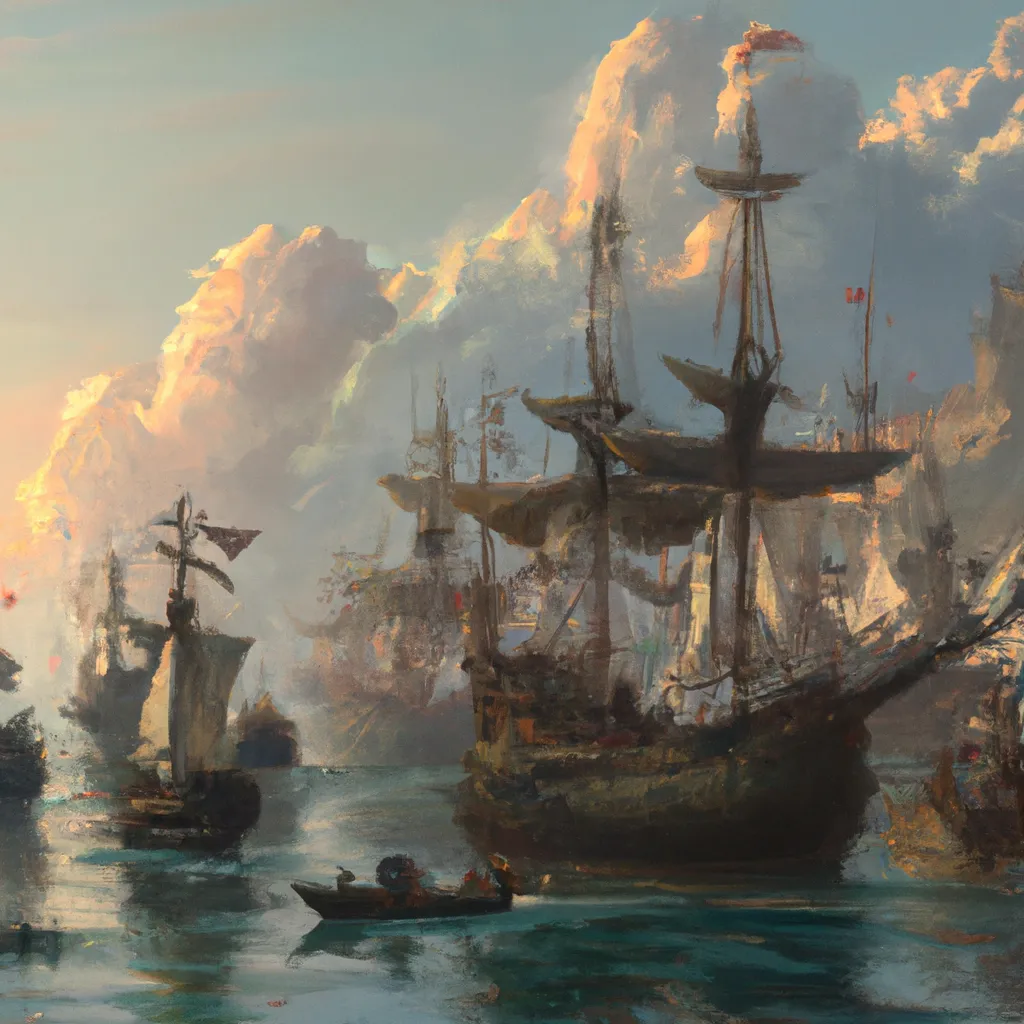 Prompt: a beautiful painting of a crowded medieval port
large merchant ships
dirty crowded
concept art trending on artstation
painted by Ivan Aivazovsky
