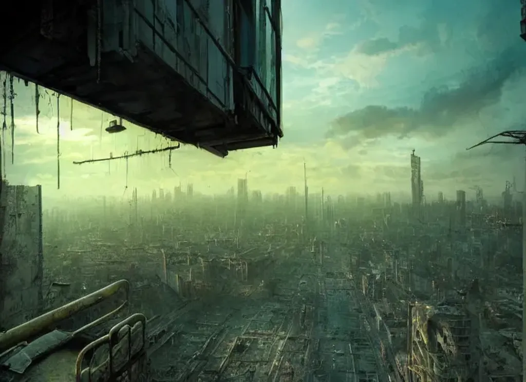 Prompt: view from a window, a desolate post-apocalyptic cityscape, multilayered broken bridges, high density, green sunset and nightfall, photorealistic, cinematic lighting, hyperdetailed, deep colors, concept art by James Chadderton, Michał Karcz, Dino Tomic, Emmanuel Shiu and Ruan Jia and John Berkey, trending on artstation