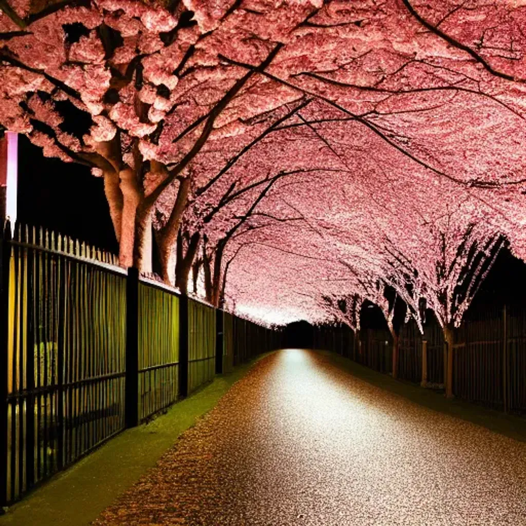 Prompt: brick path with cherry blossom trees, fence behind trees during night, street lamps