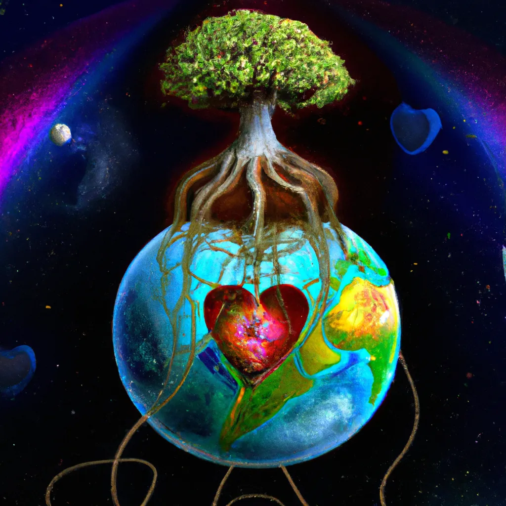 Prompt: Expressive surrealism digital art 

          Tree of love with long roots on an apple formed globe in space 

          