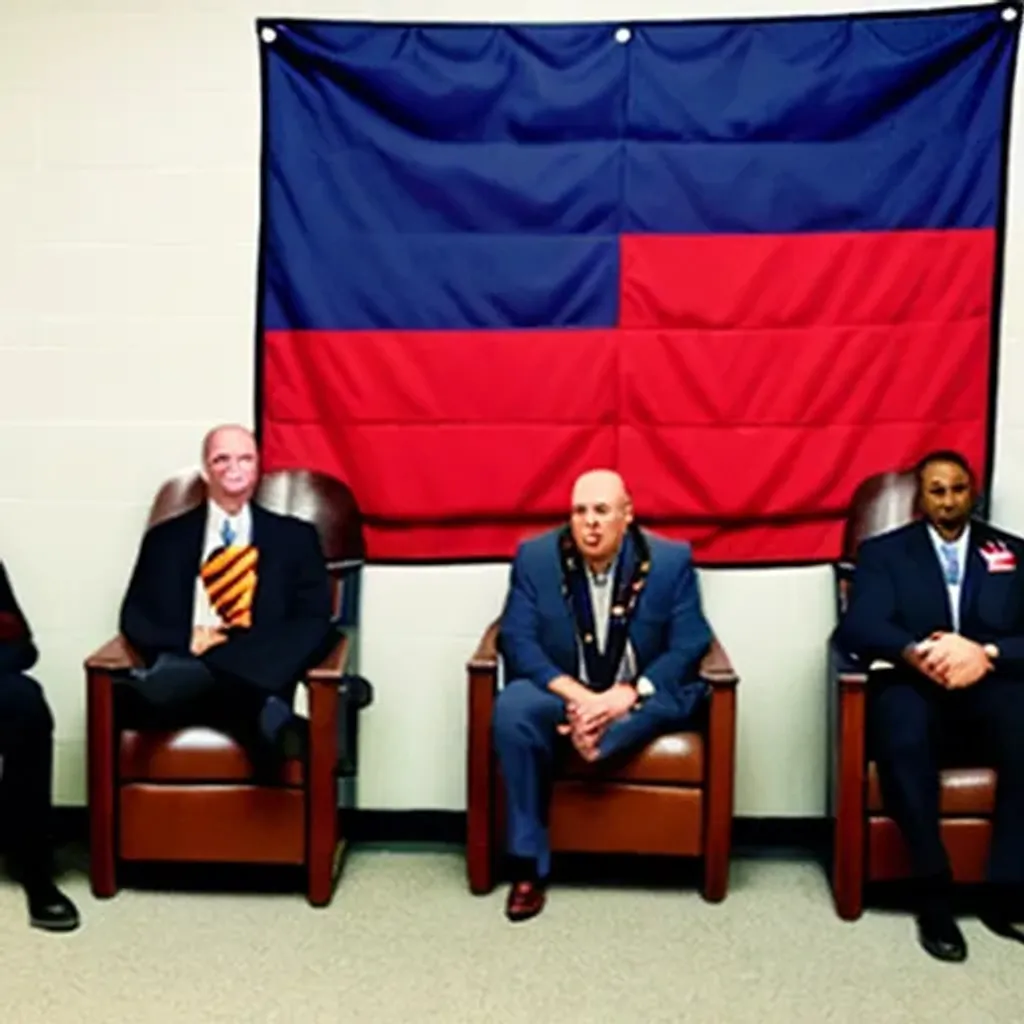 Prompt: a Whiteman nation leaders meeting with a Blackman nation leaders.They sitting in the chair and there is flag behind them.