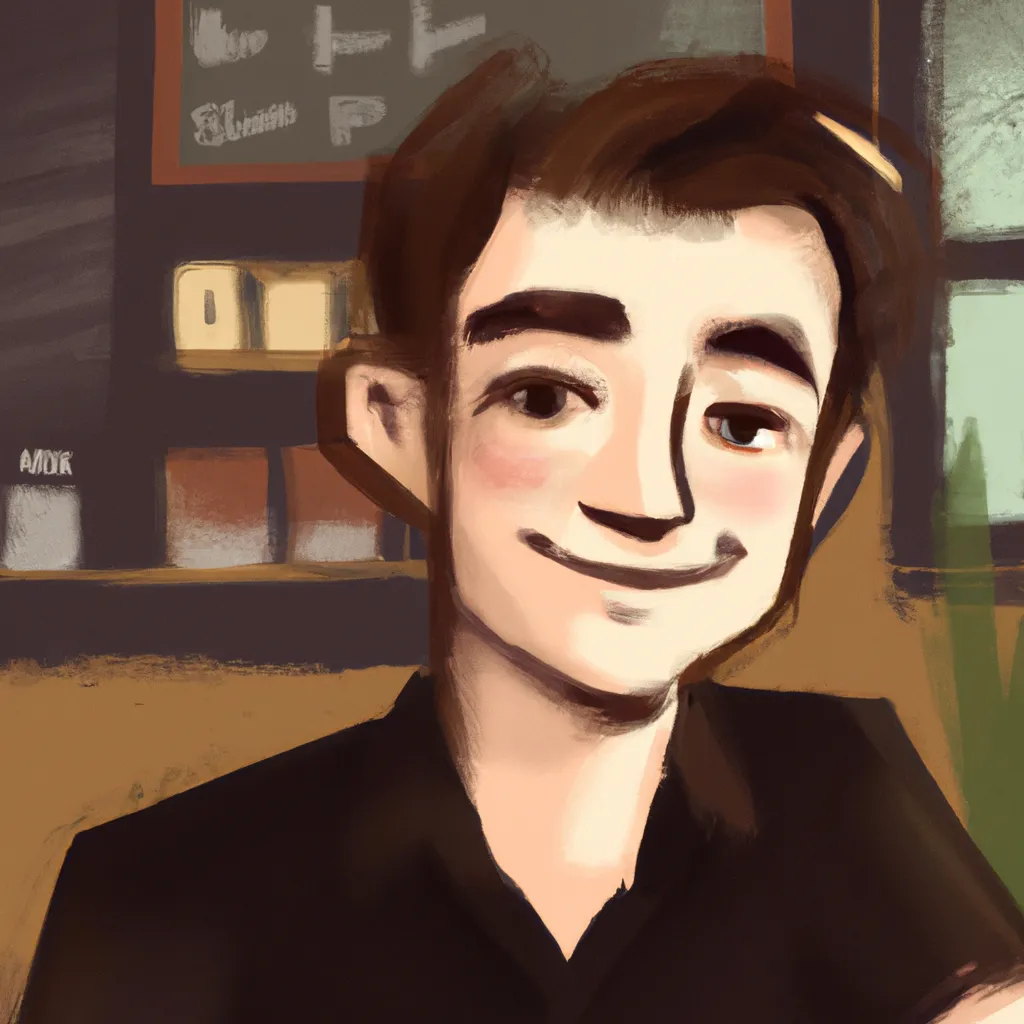 Prompt: Character art, afternoon, warm detailed colorful slice-of-life, beautiful miyazaki-style art, handsome irish man with medium dark brown spiky hair at a coffeeshop, wearing black dress shirt, profile picture, smiling for camera, face focus, looking at camera