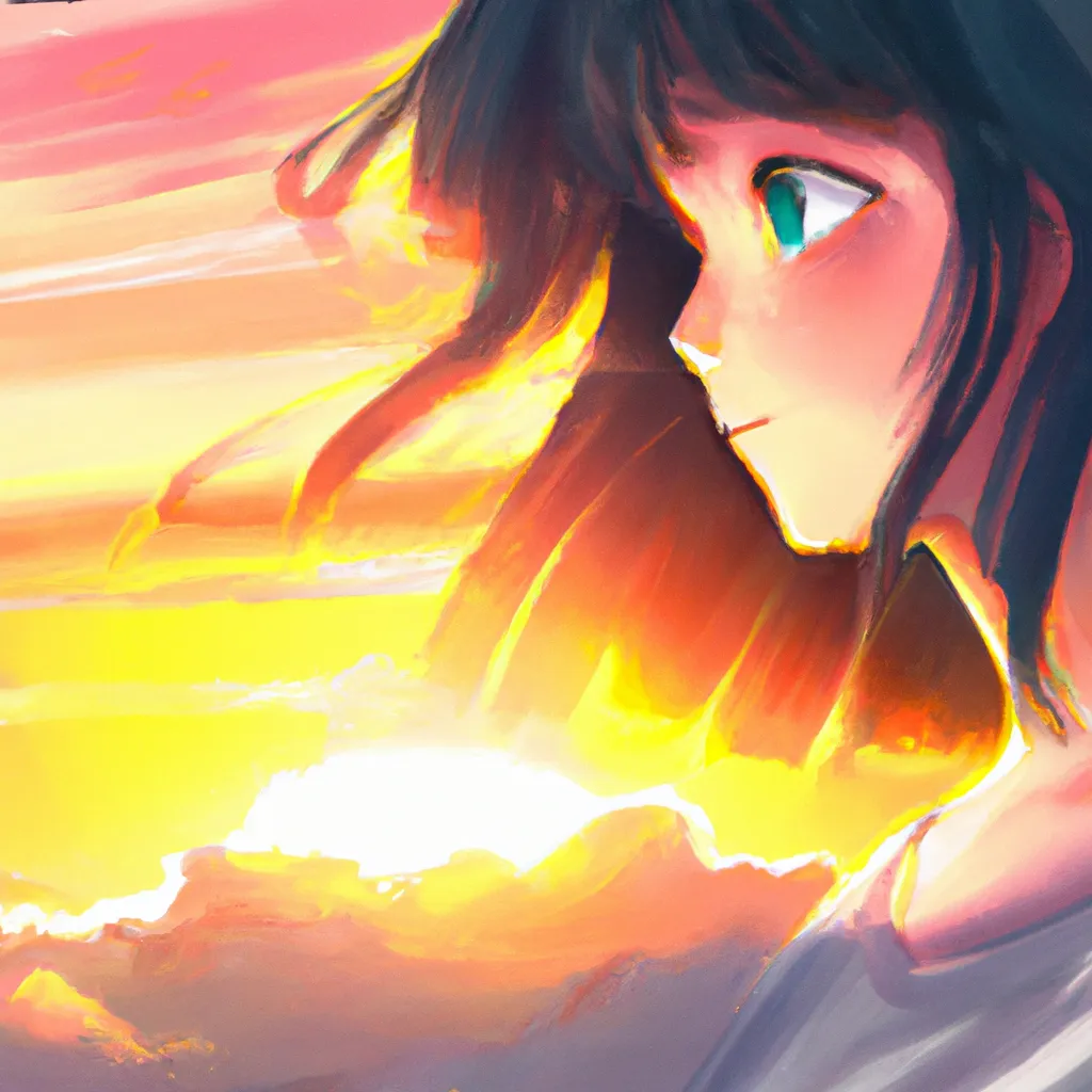 Prompt: a beautiful painting, sunset, anime girl, in the style of Ghibli Craig Mullins and trending on art station