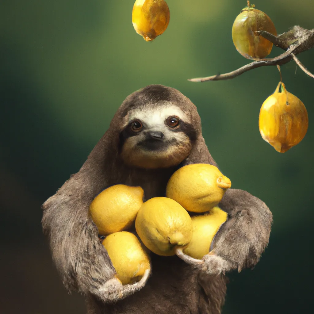 Prompt: A cute sloth holding lemons, professional photograph, high quality, highly detailed, trending