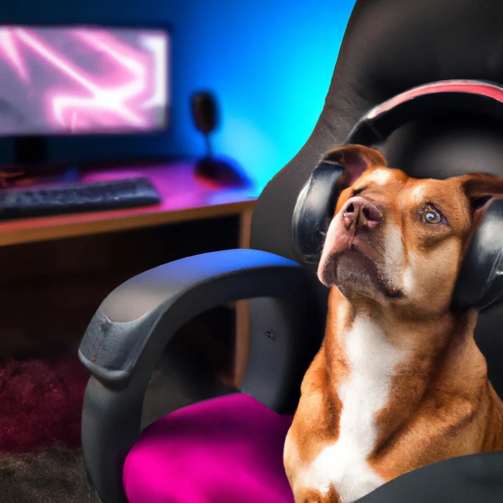 Prompt: a photorealistic portrait of a dog wearing a gaming headset while sitting on a gaming chair in front of a gaming pc