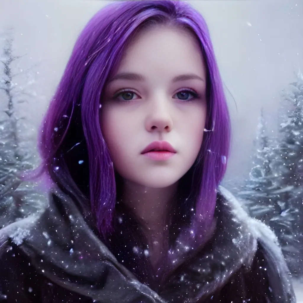 Prompt: Portrait of {girl} with {purple} hair and with cute face, {snowy vibe}, perfect composition, hyperrealistic, super detailed, 8k, high quality, trending art, trending on artstation, sharp focus, studio photo, intricate details, highly detailed, by greg rutkowski