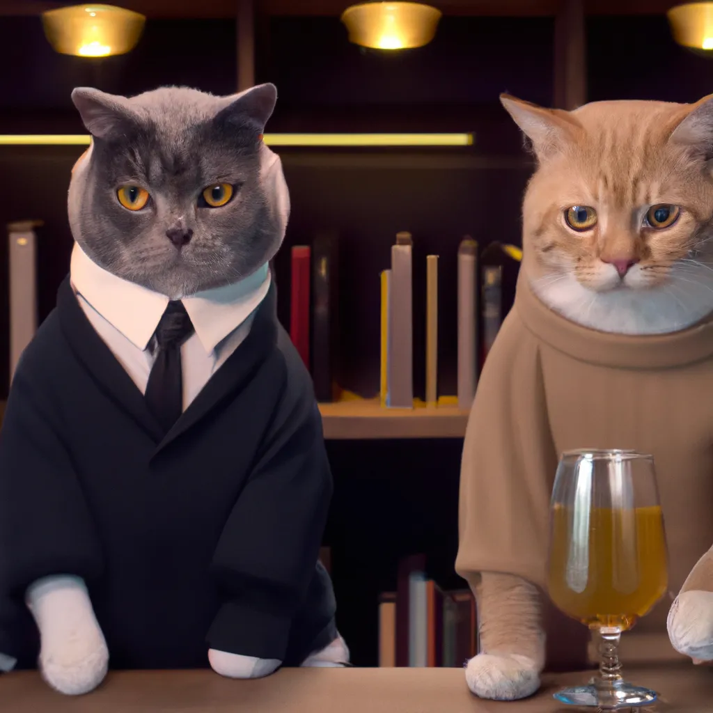 A photograph of two cats in business suits having a... OpenArt