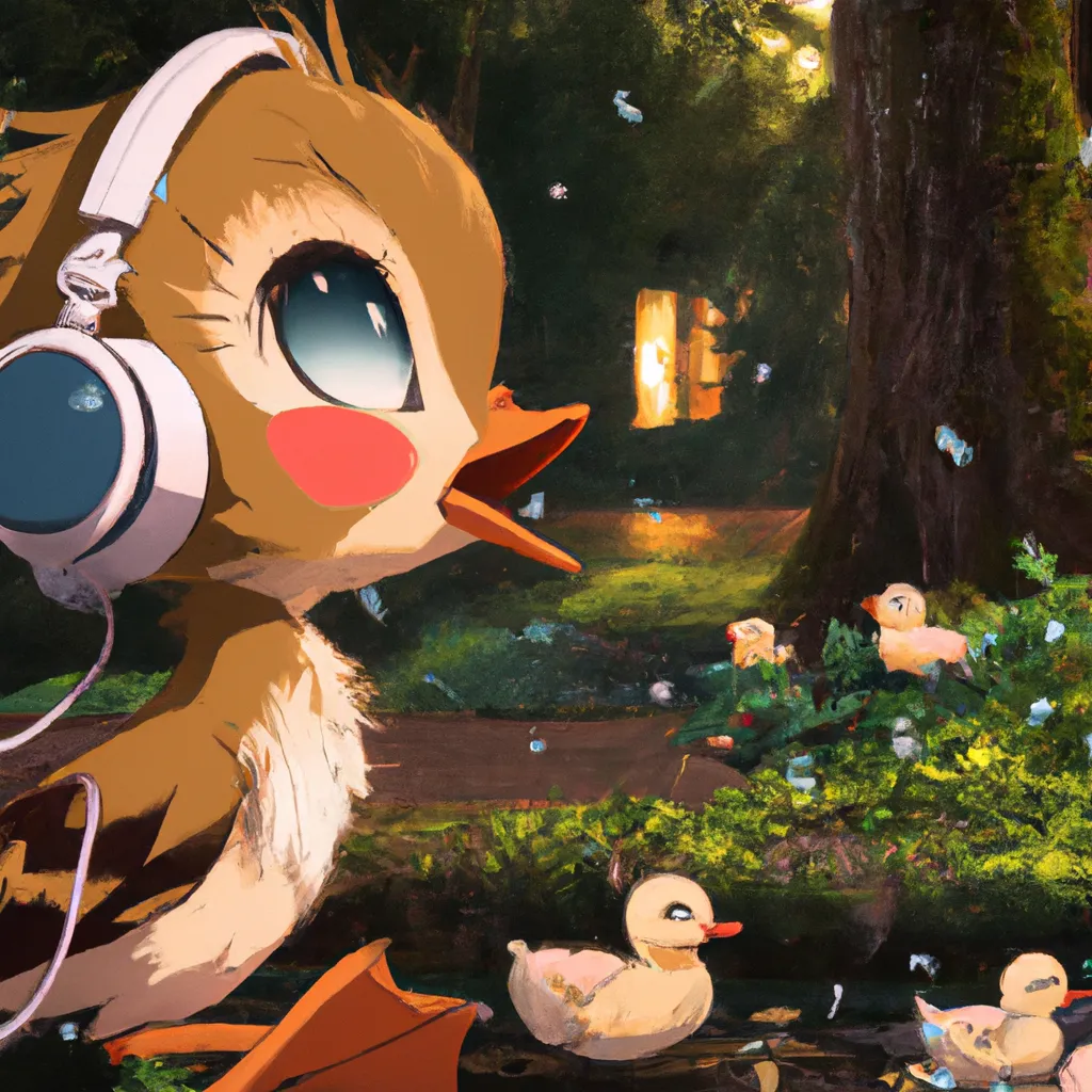 Prompt: a key anime visual of a cute adorable duckling listening to music, happy, digital Art, forest background, perfect composition, beautiful, trending on pixiv, 8 k concept art, cinematic, soft lighting, anime visual, official media, spy x family, call-shaded. detailed, detailed face, a still from Bambi, animated poster