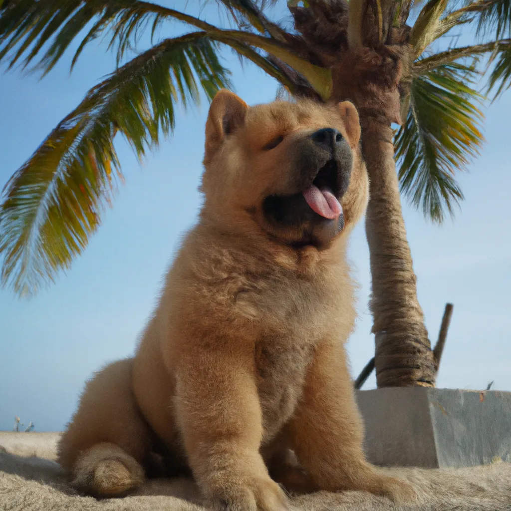 Prompt: a Chow Chow Dog puppy sitting in front of a palm on a beach, photo, 4k, cinematic, low angle perspective