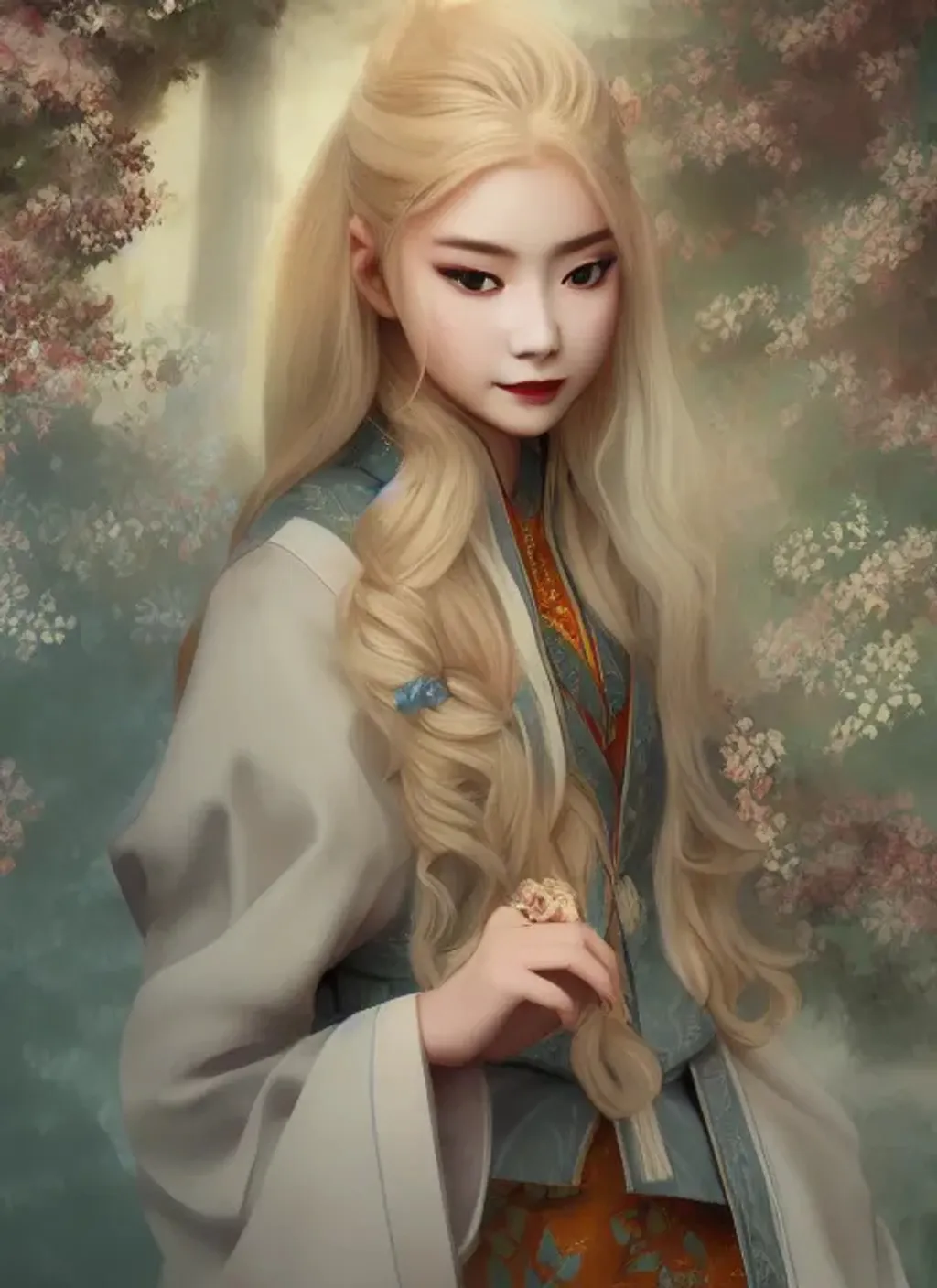 Prompt: matte portrait of pretty blonde girl wearing korean traditional costume, full-frame, complex picture, intricate, fine details, vogue, trending on artstation, artgerm, yuumei, studio ghibli, League of Legends, Lord of the Rings