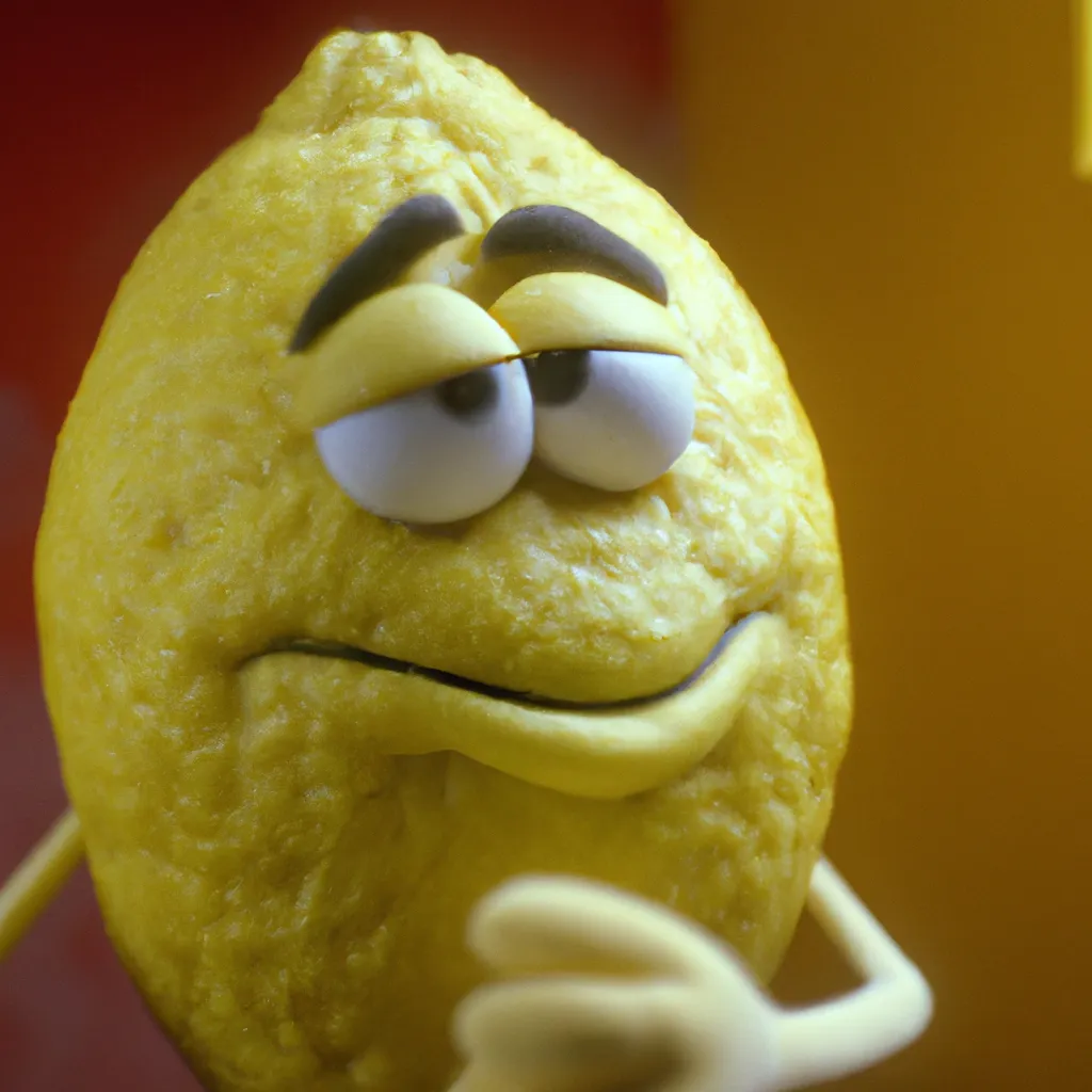 Prompt: film still of a cute lemon character, from sesame street