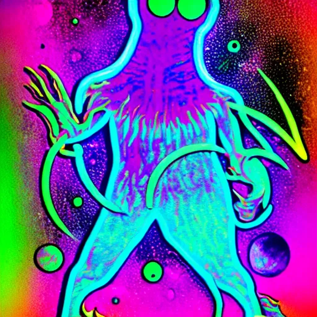 Prompt: Loch Ness Space Monster Mash psychedlic dark neon paint splashes