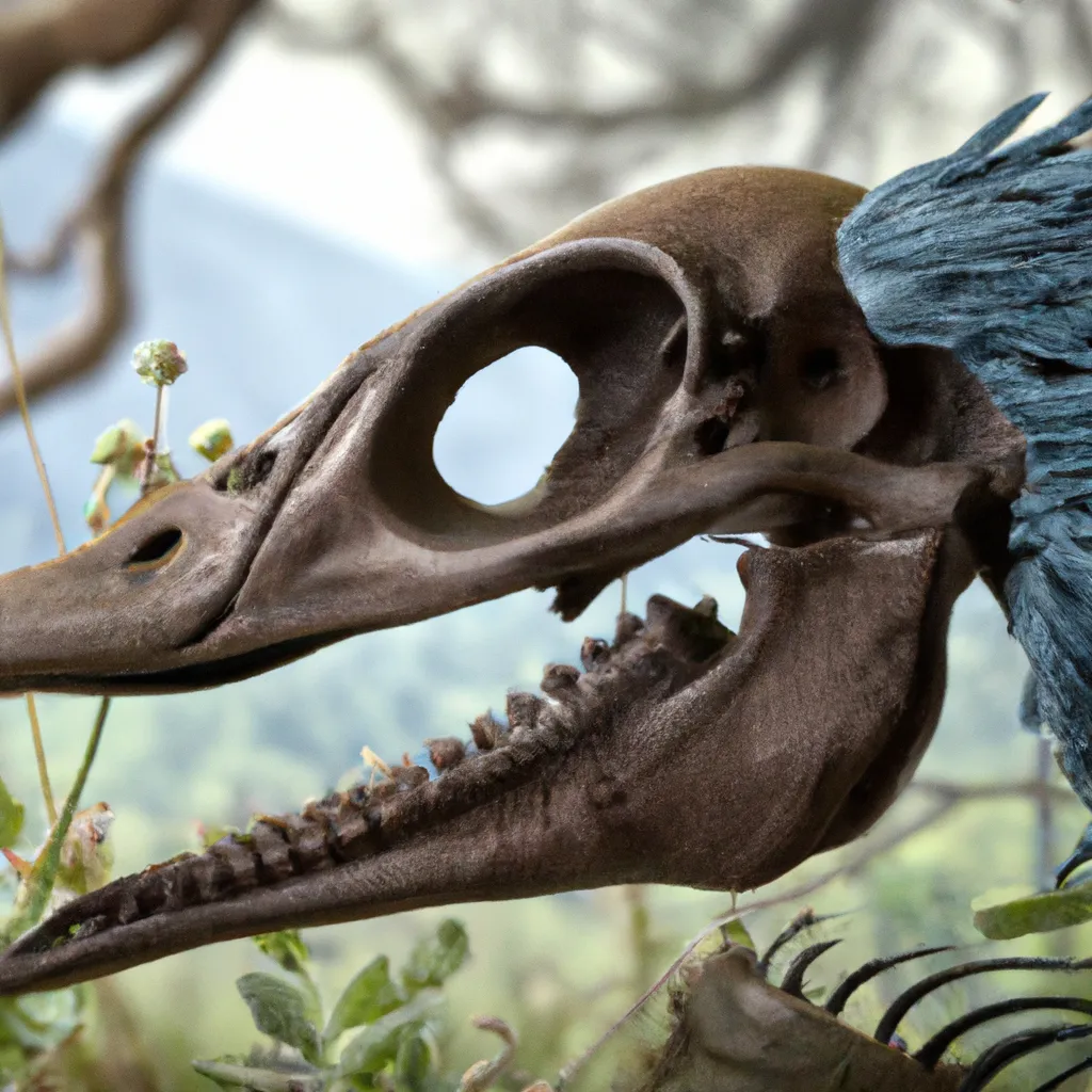 Prompt: The skull with toothed jawbones, skull structures of Archaeopteryx Corvid Steller's Jay chimera from the pre-historic era, in its habitat.  speculative evolution. Highly realistic accurate anatomical CGI representation, transitional features with birds, amazing colors and patterns on its feathers, hyperrealistic, ZBrush sculpt