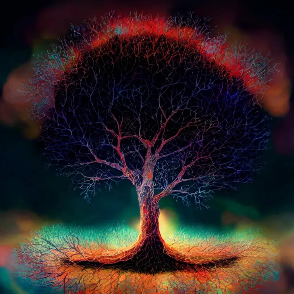 Colorful illustration oak tree, branches made of dat... | OpenArt