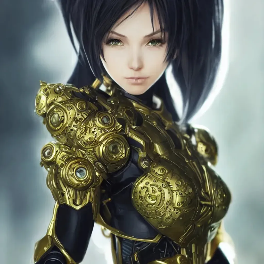 anime style of a female cyborg, looked into the came...