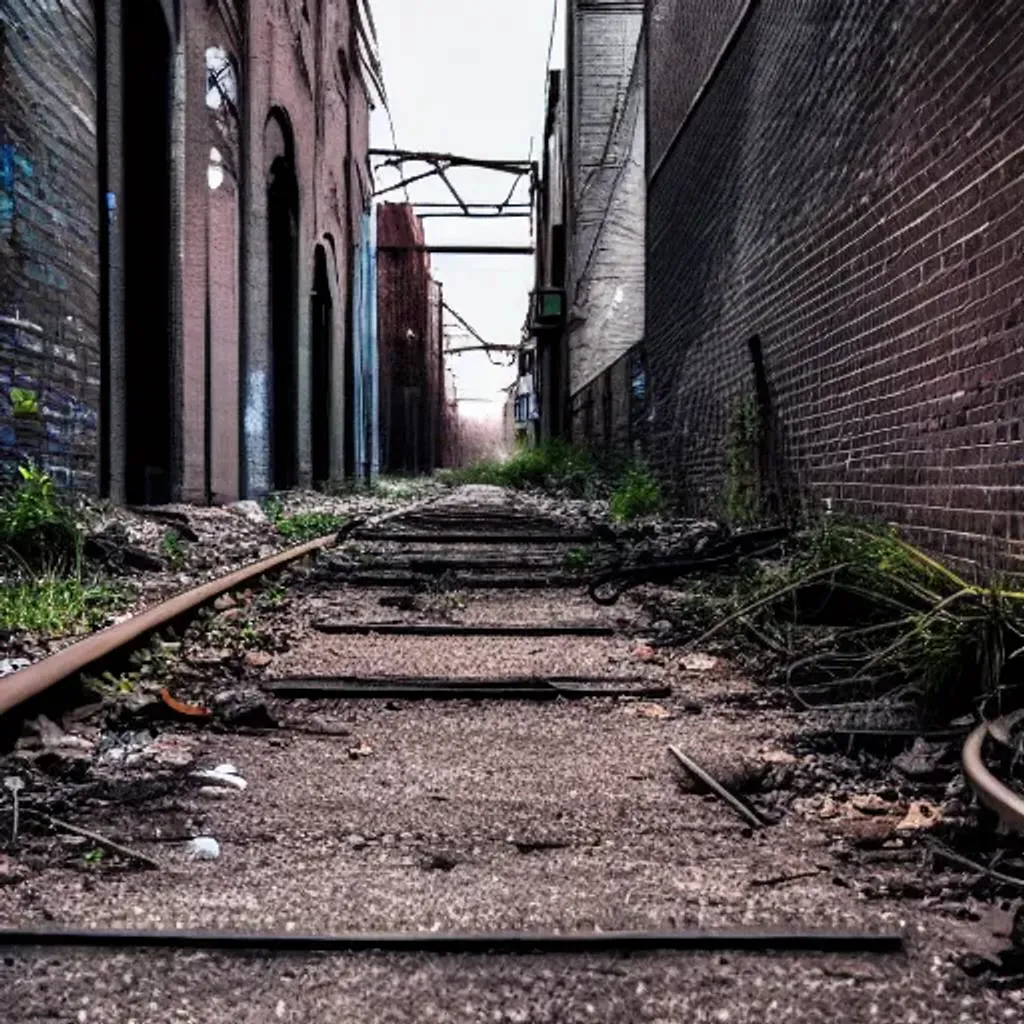 Prompt: abandoned railway in city alley, concrete ground with garbage, brick buildings, low light