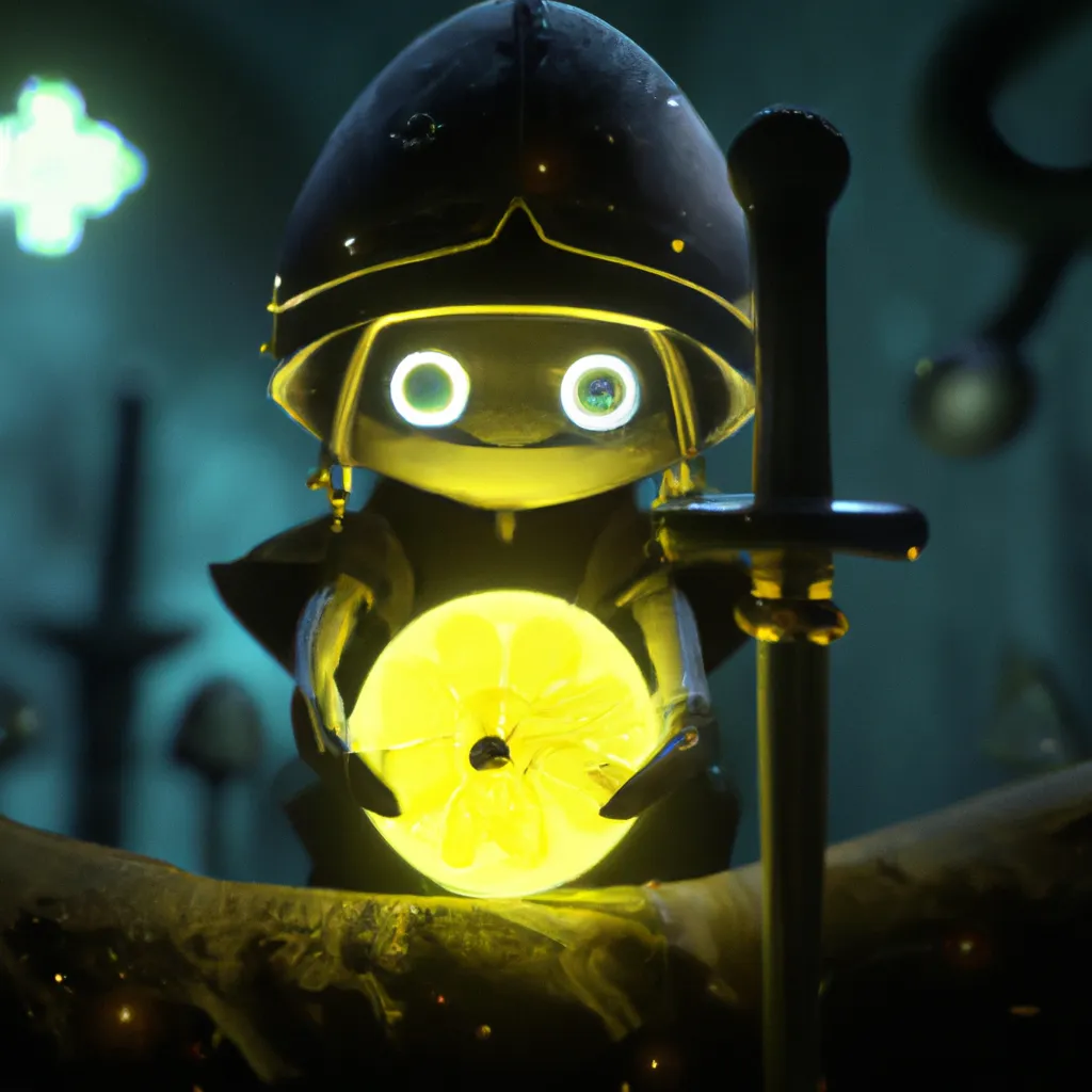 Prompt: photo of a cute cuddly happy lemon knight character holding a lightsaber, bokeh balls lighting, shallow depth of field, fantasy art, atmospheric, cinematic, highly detailed, smooth, sharp focus, award-winning, masterpiece, in the style of Tom Bagshaw, Cedric Peyravernay, Peter Mohrbacher, 4k HD