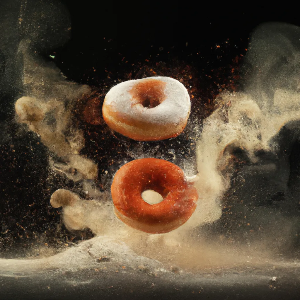 Prompt: Cinematic photography  of a colliding doughnuts, steamy, splashing fire,  smokey dust, flying flour, high speed, food photography.