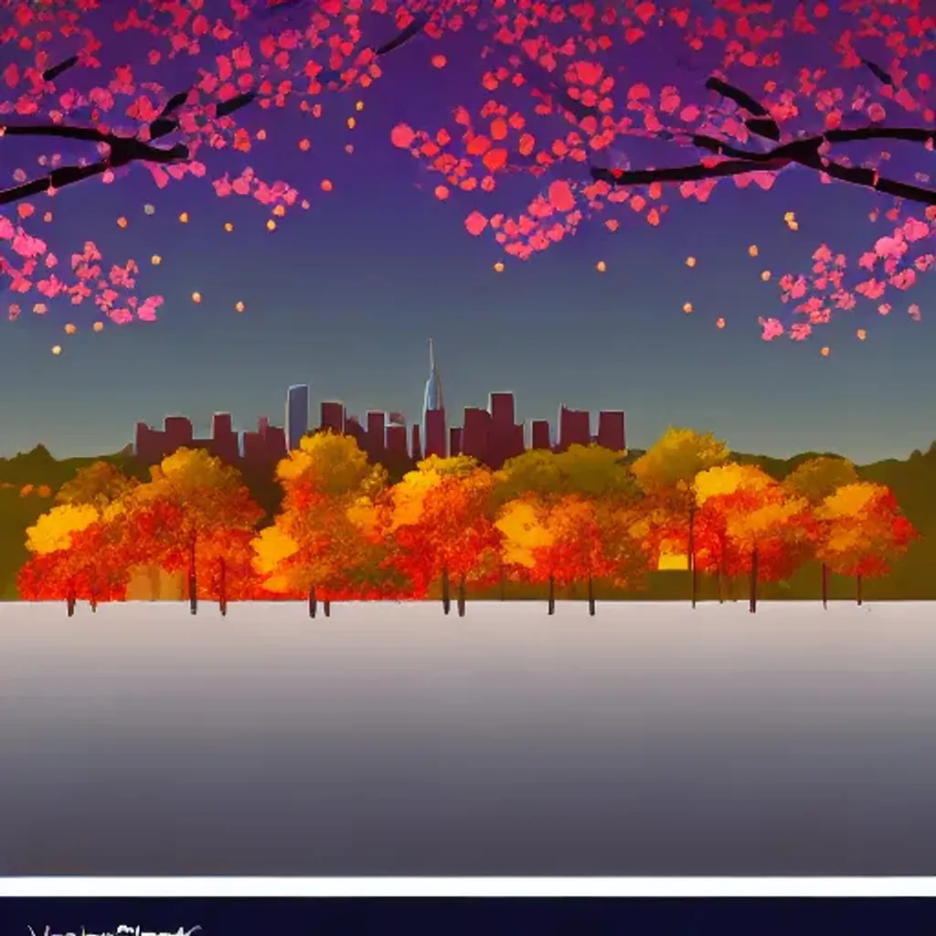 Prompt: three low poly cherry blossom trees on a hill in autumn at night, with city skyline in the background