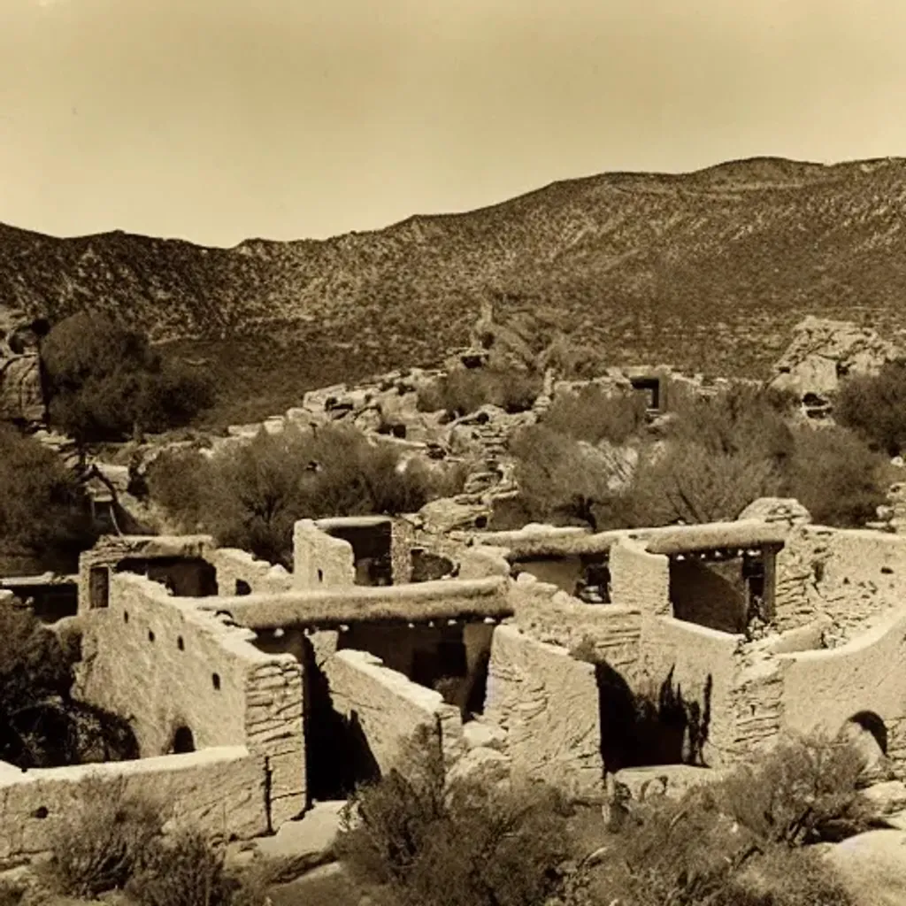 Prompt: Photograph of ancient pueblo ruins, first mesa Arizona, in a canyon, showing terraced gardens and lush desert vegetation in the foreground,  by Timothy H. O'Sullivan.