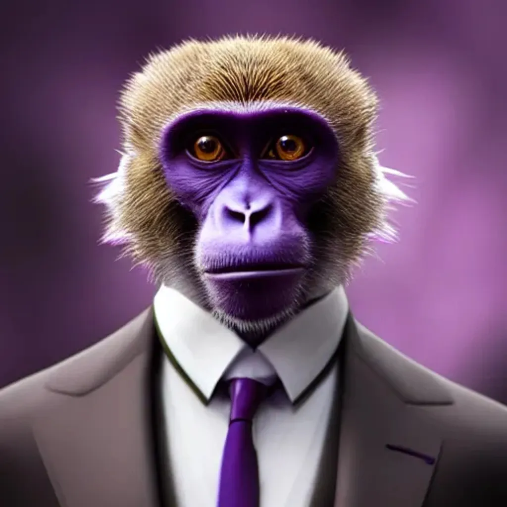 Prompt: Monkey in a purple suit Detailed Render,Breathtaking,8k resolution Greg Rutkowski, Artgerm, 40mm lens, shallow depth of field, close up, from 1970 trending on artstation. HQ