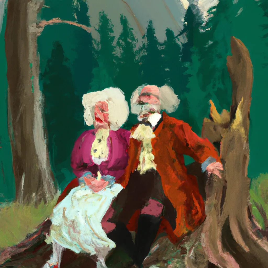 Prompt: An old married couple sitting on tree stumps in the forest, fauvism, Wiliam-August Bouguereau, Gustave Corbet, Bob Ross, Thrift store style