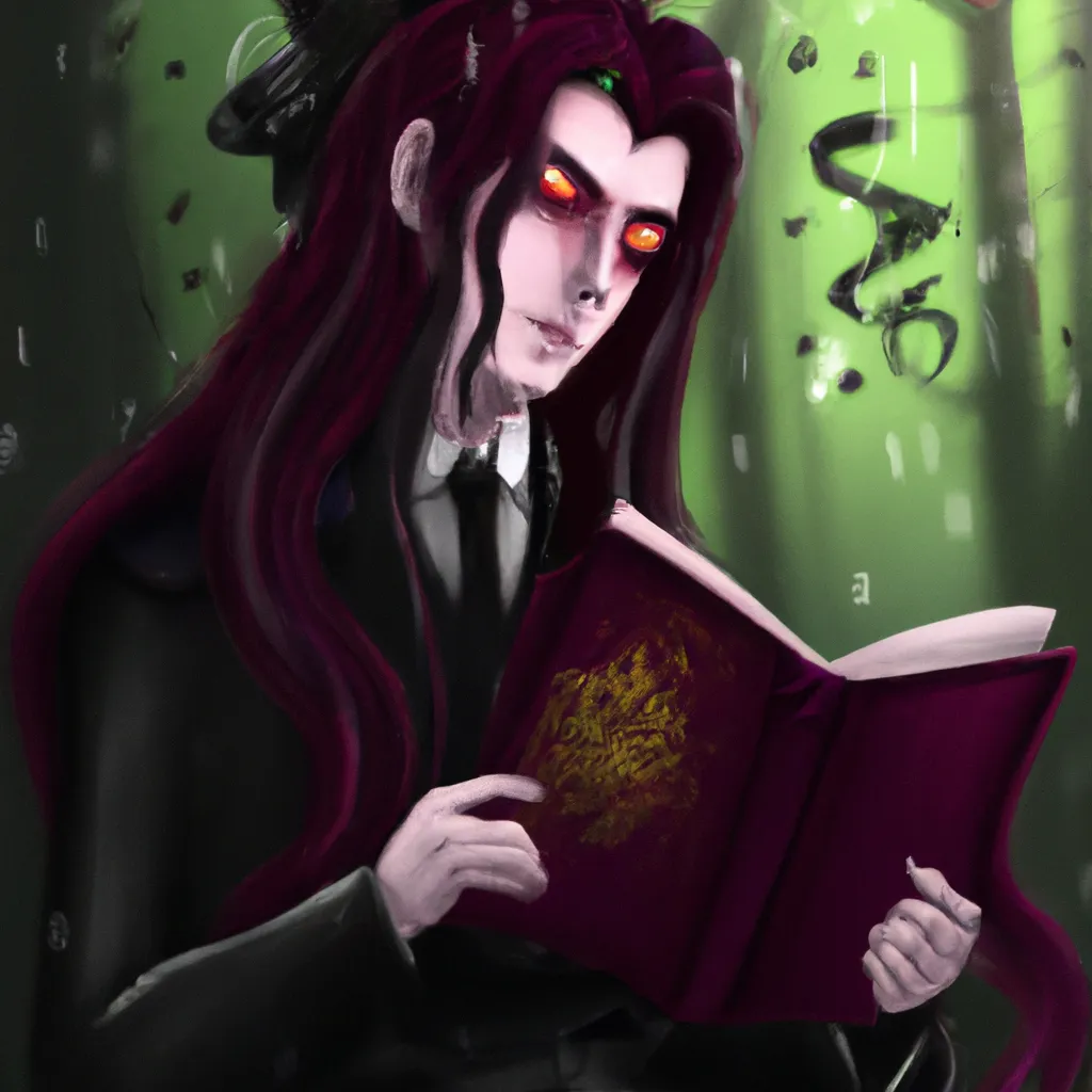 Prompt: A steampunk gothic vampire with long hair and red eyes, beautiful face, and a long black cape, with a dark rainy forest on the background, reading a book, digital art, art nouveau