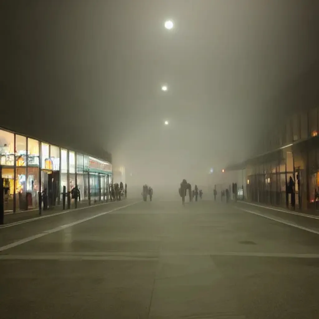 Prompt: liminal space mall in the fog at night