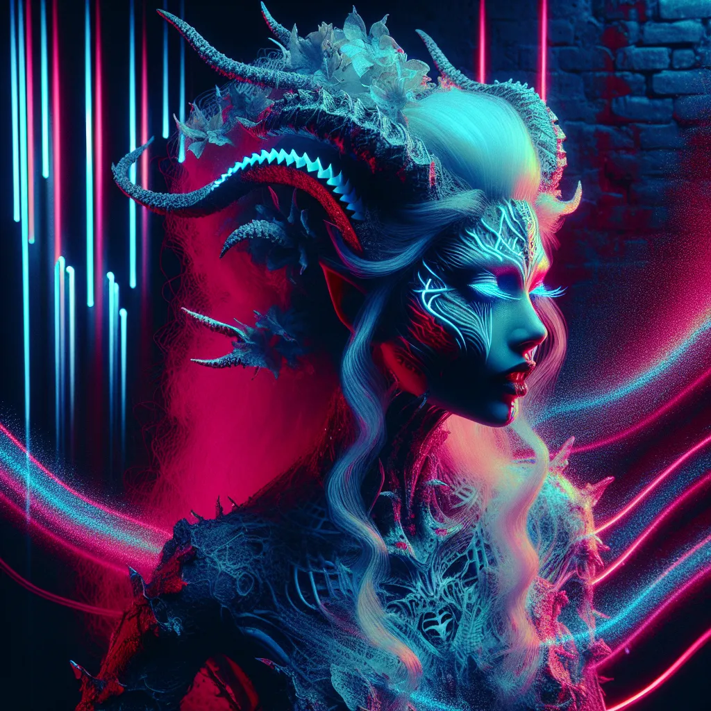 Prompt: Beautiful female succubus demonic figure in a gothic vaporwave setting, dynamic pose, beauty, neon lights casting a dramatic glow, retro aesthetic, high definition, dramatic lighting, demonic, high quality, liminal, vivid colors, detailed features, atmospheric, haunting vibe, surreal, retro-futuristic, intense gaze, otherworldly, dark and unsettling, eerie